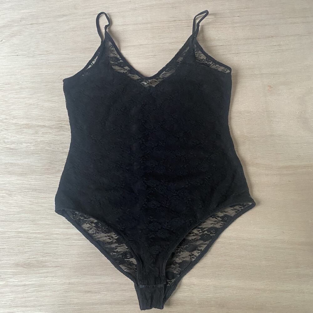 Black Lace Spaghetti Strap Bodysuit with Sweetheart Neckline Size Small
